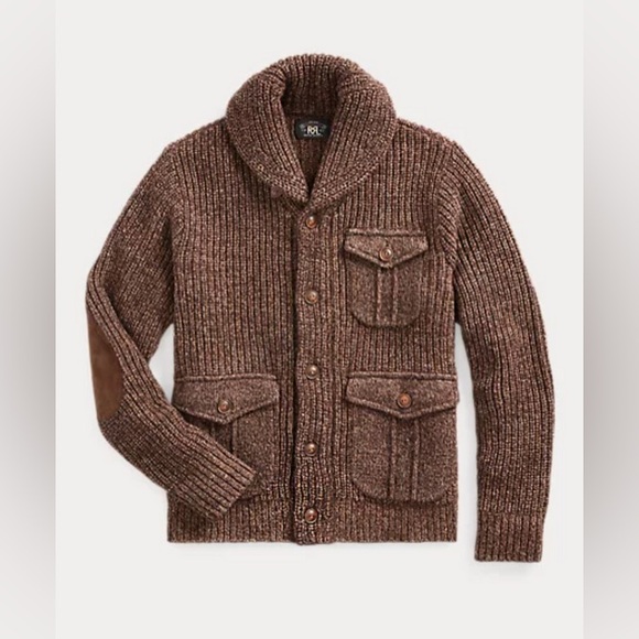 NWT Men’s Double RL - Suede Trim Marled Shawl Cardigan in Brown Tan Mark, Size M - Picture 1 of 12